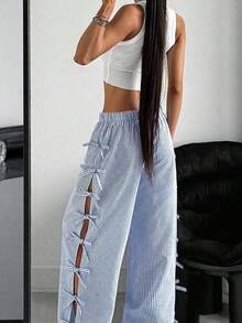 Scacto Women's Blue And White Striped Wide-Leg Pants With Side Tie And Bow, Versatile Trousers For Women. - 藍色 - 查看 1