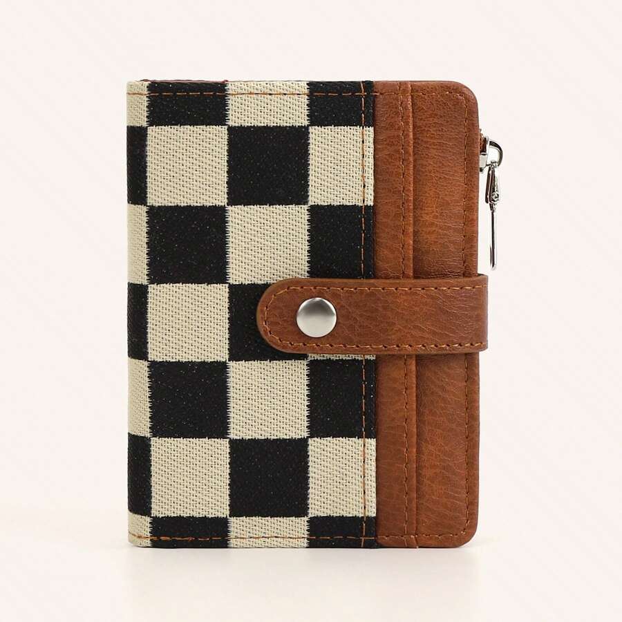 Black And White Checkered Women's Short Snap Clasp Wallet, Stylish Canvas Bi-Fold Clutch With Side Zipper Coin And Card Slots. - 棕色 - 查看 1