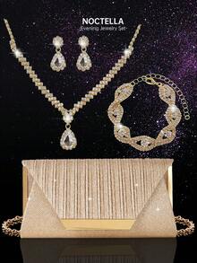 Noctella 四件套水钻首饰套装，包含闪亮项链、耳环和手链；新款女士晚宴手拿包；婚礼新娘闪亮褶皱信封包；奢华时尚的派对包；适合晚宴、婚礼和派对等场合；是女士、新娘和伴娘的理想之选。 - 香檳色 - 查看 1