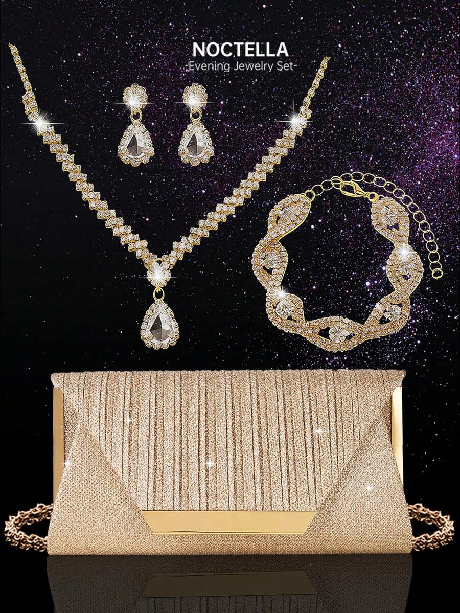Noctella 四件套水钻首饰套装，包含闪亮项链、耳环和手链；新款女士晚宴手拿包；婚礼新娘闪亮褶皱信封包；奢华时尚的派对包；适合晚宴、婚礼和派对等场合；是女士、新娘和伴娘的理想之选。 - 香檳色 - 查看 1