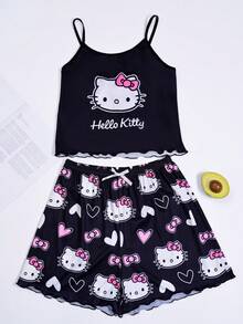 两件套可爱Hello Kitty印花睡衣套装，可调节肩带吊带背心和短裤，柔软透气的黑色面料，舒适休闲家居服，卡通睡衣套装（女士款） - 黑色 - 查看 13