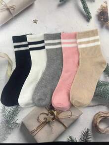 3 Pairs Unisex Striped & Printed Casual Crew Socks, Suitable For Daily Wear, Autumn - Multicolor - View 4