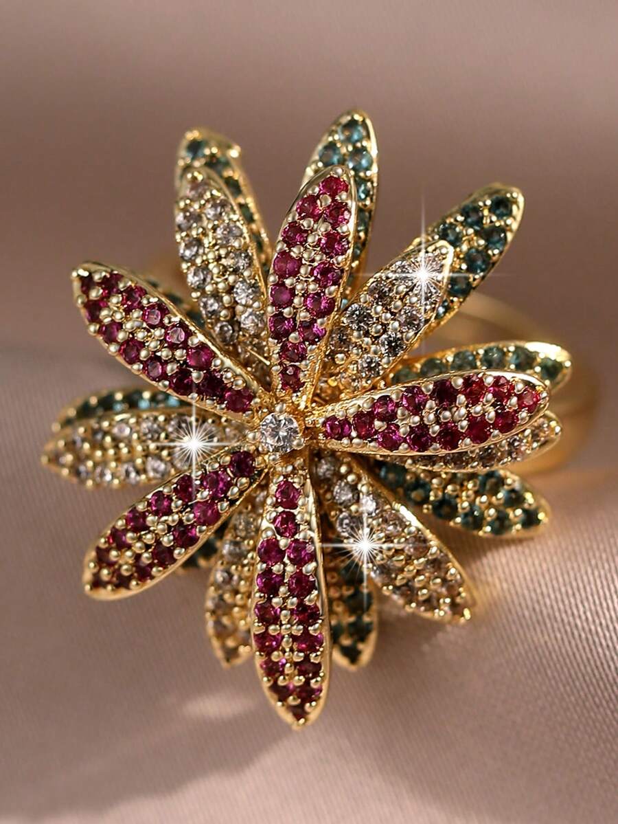 jealous young 1pc Elegant Multi-Color Cubic Zirconia Floral Design Women's Wedding Ring, Fashionable Jewelry For Daily, Commute, Vacation - Multicolor - View 1