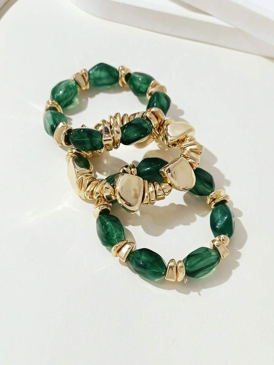 3pcs/Set Gelang Manik-Manik Akrilik Tebal Multilapis Multiwarna Gaya Retro Bohemian Modis dengan Hiasan Batu Hancur Emas untuk Wanita