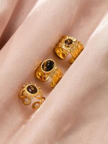 Set de 3 anillos vintage personalizados de acero inoxidable dorado con piedra de ojo de tigre y diseño de patrón de sol, adecuado para uso diario, citas, fiestas, vacaciones y como regalo - Dorado - Ver 4
