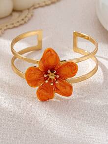 1pc Fashionable Elegant Artificial Drip Oil White, Orange, Pink & Green 5-Petal Flower Open Bangle Bracelet, Suitable For Daily And Holiday Wear, Great Gift Choice (Gift Box Not Included) - Orange - View 4