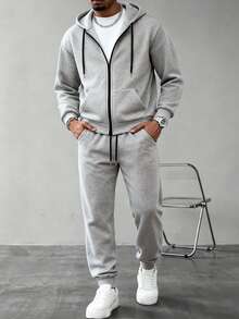 2pcs Set Light Grey Long Hoodie + Long Drawstring Sweatpants, Men Casual Outfit - Light Grey - View 14