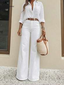 Light Blue Washed Flare Wide Leg Jeans, Relaxed Fit Suitable For Daily Commute Casual White - White - View 4