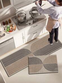 1pc Nordic Abstract Curved Line Diatomaceous Earth Kitchen Rug, Rubber Non-Slip Bottom, Water-Absorbent, Oil-Resistant, 3.5mm, Trimmable, Suitable For Kitchen, Hallway, Living Room, Entryway, Indoor Home Decor Rug - Multicolor - View 2