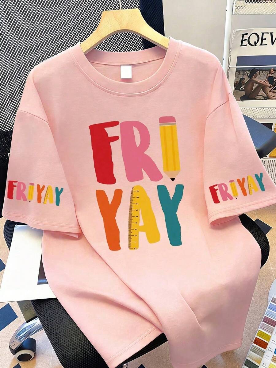 Áo thun nữ cỡ lớn với họa tiết chữ tiếng Anh, bút chì và thước kẻ, thích hợp cho mùa hè. - Hồng - Xem 1