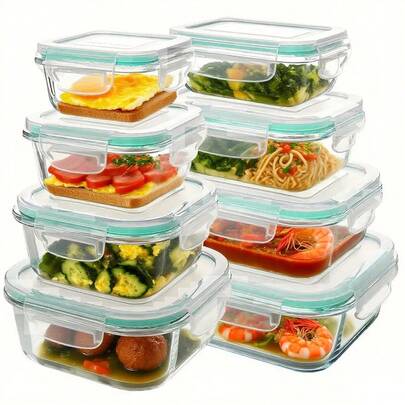16 pezzi Set di contenitori per pasti in vetro con coperchi ermetici, contenitori per il pranzo in vetro borosilicato, contenitori per la conservazione degli alimenti a prova di perdite per microonde, per lavoro, scuola, cucina
