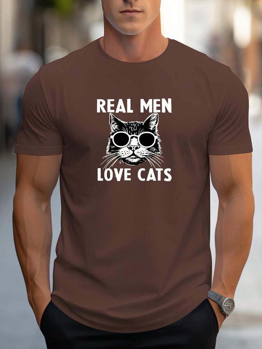 Camiseta de ajuste regular con estampado de gatito pintado a mano para hombres DXAO - Verde militar - Ver 1