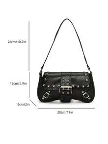 New Fashion Rivet Studded Clasp Handbag/Shoulder Bag, Suitable For Party, Outing, Vacation, Shopping And Daily Use, Can Store Coins, Phones, Also Suitable As Office Lady, College Student And Professional Women's Work Bag, Elegant Ladies Bag. - Black - View 2