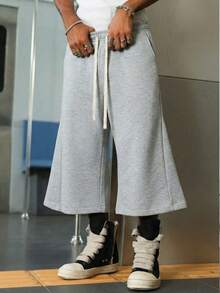 Men's Casual Loose Fit Drawstring Pants With Side Pockets, 3/4 Length, Suitable For Men's Fitness & Running, Pure Black Polyester, Versatile For All Seasons Summer - Light Grey - View 9