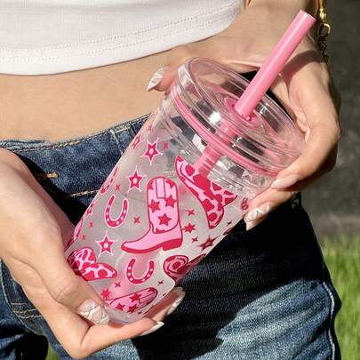 HILAKE Bình nước nhựa 16oz màu hồng sáng hiệu ứng denim in hình mũ, ủng và nơ - Có thể tái sử dụng và dễ mang theo, hoàn hảo cho văn phòng, lớp học và các hoạt động ngoài trời - Một món quà lý tưởng để bổ sung nước trong mùa hè cho sinh nhật, Ngày Valentine và Giáng sinh.