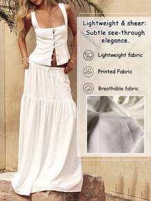 Lightweight, Simple, Comfortable Casual Solid Color Linen Backless Button-Up Blouse, Suitable For Dates, Daily Wear, Festivals, Travel, Country Music Concerts, Spring/Summer/Autumn, Semi-Sheer - White - View 6