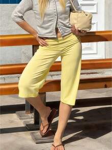 Women's Solid Ribbed Knit Capri Pants Ruched Waist Wide Leg Casual Streetwear Bottoms - Light Yellow - View 1