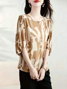 1 chiếc áo kiểu nữ thời trang, thanh lịch, tối giản, tay lửng, cổ tròn, in họa tiết, thích hợp mặc hàng ngày và đi nghỉ mát, mùa xuân/hè/thu. - Màu mơ đậm - Xem 3