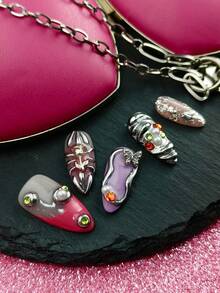 10 Móng Tay Giả Hình Hạnh Nhân Thủ Công, Họa Tiết Kim Loại 3D, Hoa Hồng, Bướm, Phong Cách Y2K - Màu Hồng Tươi - Xem 5