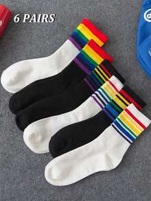 6 Pairs Minimalist Black & White Rainbow Pattern Unisex Comfortable Breathable Mid-Calf Socks, Stylish For Spring/Autumn, Fall - Multicolor - View 1