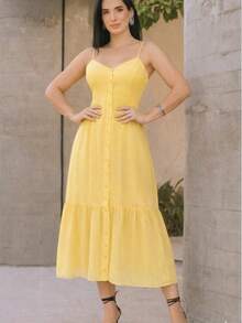 Long Dress In Viscose Linen, Plain, With Thin Straps, Buttons Down The Front, Padded Cups And Lining. Elasticated Back. - Light Yellow - View 2