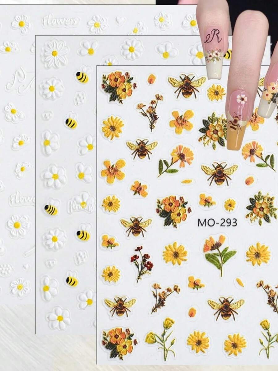 3Sheets Bee Daisy Flower Nail Art Stickers 3D Embossed Self-Adhesive Decals Spring Summer Floral Manicure - Multicolor - View 1