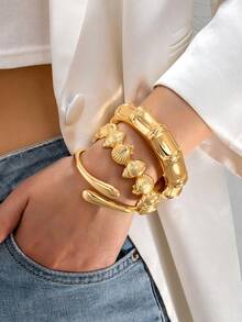 3pcs/Set Minimalist Gold-Plated Bamboo Knot & Seashell Asymmetrical Water Drop Thick Bracelet Set, Suitable For Women, Coarse Texture Smooth Heavy Metal And Zinc Alloy Material Bracelet Set, Beach Resort European And American Style - Yellow Gold - View 1