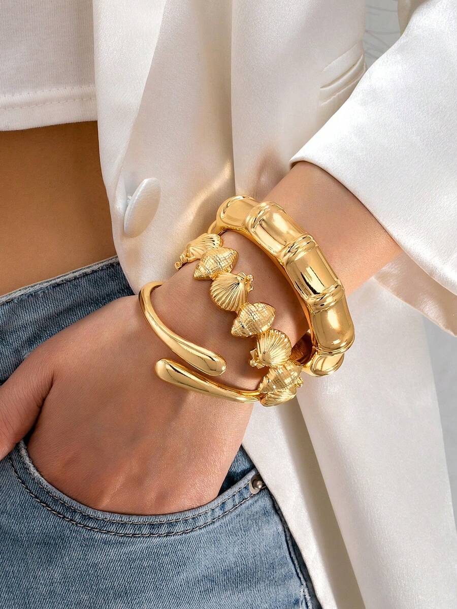 3pcs/Set Minimalist Gold-Plated Bamboo Knot & Seashell Asymmetrical Water Drop Thick Bracelet Set, Suitable For Women, Coarse Texture Smooth Heavy Metal And Zinc Alloy Material Bracelet Set, Beach Resort European And American Style - Yellow Gold - View 1