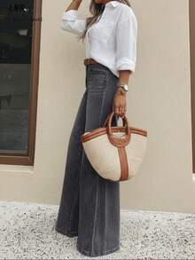 Light Blue Washed Flare Wide Leg Jeans, Relaxed Fit Suitable For Daily Commute Casual - Grey - View 3