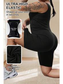 Plus Size Square Neck Jumpsuit, 4-Way Stretch High Elasticity Yoga Fitness Jumpsuit Sports - Black - View 4