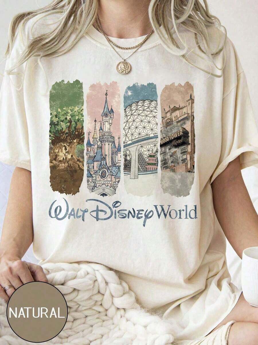 Disney Fashion Prints, Summer T-Shirts, Walter Disney World Prints, Suitable For Daily Wear, Easy To Wear In Summer, Micro-Elastic, Soft Round Neck Casual Daily Tops, Including Disney Fashion Prints, Round Neck Summer Sweatshirts, Holiday Gifts. - 白色 - 查看 1
