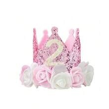 Couronne d'anniversaire de princesse pour filles, couronne rose et or pailletée avec fleurs, bandeau pour 1er, 2ème, 3ème, 4ème, 5ème anniversaire de bébé et tout-petit, fournitures pour fête d'anniversaire - Multicolore - Voir 9