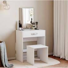 Dressing Table With Mirror And Stool, Dressing Table With 1 Drawer Storage And Built-In-Mirror Vanity Desk Easy Assembly Cosmetics Makeup Storage Organizer Bedroom Furniture - Black - View 2