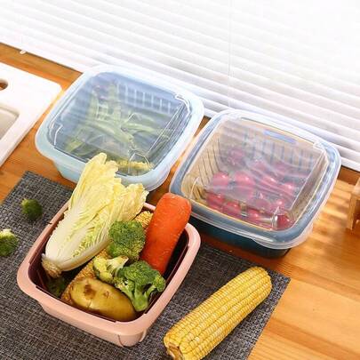 Cesta cuadrada para frutas y verduras con tapa, cesta de almacenamiento para lavar y guardar productos de la cocina (sujeto al artículo real)