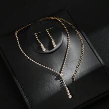 3pcs Minimalist Rhinestone Jewelry Set, Including Earrings And Necklace, Wedding Accessories, Silver-Plated,Summer,Jewellery,Festival,Accessories - Gold - View 4