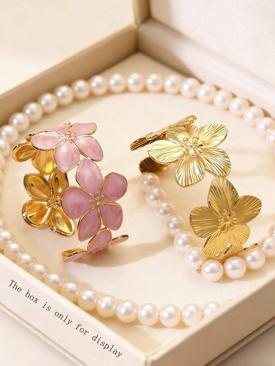 1 pieza Elegante brazalete asimétrico de flor de berenjena calada de acero inoxidable, adecuado para que las mujeres lo usen en banquetes, fiestas, vida diaria o citas - Amarillo Oro - Ver 1