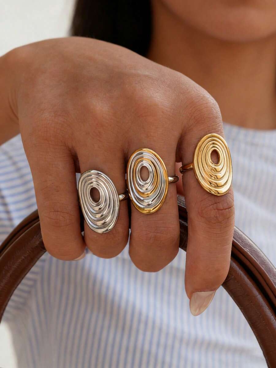 Uself 3pcs/1pc Stainless Steel Oval Rings, 18K Gold PVD Coated, High Quality Waterproof Jewelry For Women, Suitable For Daily Wear, Vacation, Beach