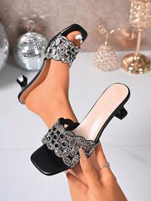 Fashionable High Heel Slides Summer New Square Toe Rhinestone Sexy Kitten Heel. Suitable For Party, Wedding, Vacation, Gathering, Date, Outdoor Wear, Open Toe, Elegant, Holiday, Versatile - Black - View 9