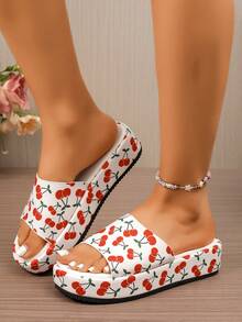 Plus Size Fashion Thick Sole Cherry Blossom Comfortable Casual Beach Slippers - White - View 3