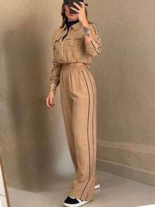 New Casual Suit - 2-Piece Set - Long-Sleeved Shirt With Trousers, Featuring Side Stripe Detail - Fabric - Maroon - 卡其色 - 查看 2