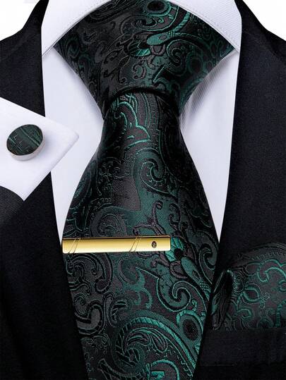 Men's Dark Green Paisley Floral Tie Set – Includes Pocket Square, Cufflinks & Gold Tie Clip, Formal Necktie For Celebrations,Accessories,Festival,Gifts