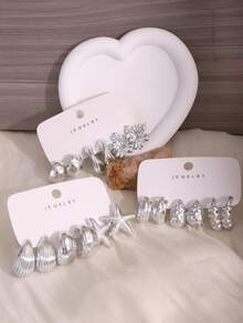 6/18pcs Silver Flower, Starfish & Assorted Fashionable Earring Set For Women, Luxury Elegant Minimalist Design. Beautifying Oneself Is Not To Please Others, But To Boost Self-Confidence And Happiness. - Silver - View 5