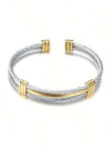 1 Pc Fashionable Stainless Steel Two-Tone Adjustable Double Layer Cuff Bracelet, Suitable Men And Women, Daily Wear,, Valentine's Day Jewelry,Mom,Mother,Mother's Day, - 多色的 - 查看 5