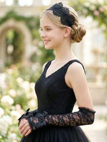 1 Pair 14-16Y Girls' Long Bow Lace Fingerless Gloves, White Lace Gloves, Suitable For First Communion, Communion Gifts, Holy Communion, Communion Keepsake, Suitable For Girl And Girls, Applicable For Wedding, Celebration, Flower Girl, Dance Performance, Birthday Party Princess Photo Props, Suitable For Bride, Evening Gown, Prom - 1Pair - View 8