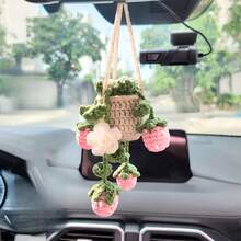 Strawberry Crochet Rearview Mirror Accessory, Handmade Car Rearview Mirror Ornament, Rearview Mirror Accessory, Women's Car Decoration - Pink - View 12