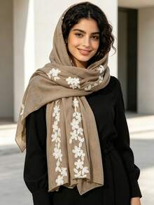 1PC Women's Fashion Spring Autumn Casual Embroidered Floral Simple Shawl Scarf Headscarf Suitable For Daily Use,Beach,Holiday - Khaki - View 4