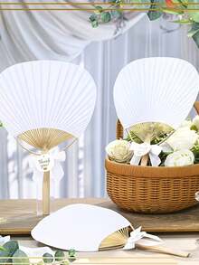 9pcs/Set White Bamboo Handle Round Folding Fan Wedding Gift Set, Includes Thank You Card & Bamboo Fan, Suitable For Wedding Guest Favors, Photography Decor, Wedding & Birthday Decoration, Ideal For Bride, Bachelorette Party - One Size Fits All - View 6