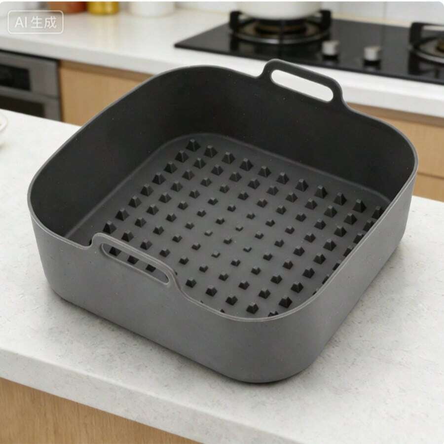 硅胶空气炸锅烘焙垫，易于清洁，圆形和方形可选，空气炸锅内衬，厨房用品 - 灰色 - 查看 1