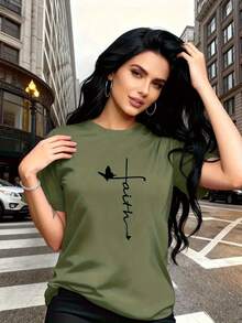 The "Faith" Design Incorporates Christian Cross And Butterfly Pattern Prints, Which Are  And Fashionable. The Simple Round-Neck, Casual, Versatile Short-Sleeve Women's T-Shirt Is Suitable For Leisure, Travel, Vacations, And Other Activities. 915Summer Pure Cotton - màu xanh lá - Xem 7