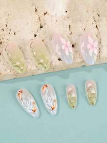24pcs Almond-Shaped 3D Floral & Fish Design Nail Stickers, Green Natural Style, Artistic Garden Nail Decals, Fit Medium-Long Nails, Set Includes: 1pc Jelly Gel & 1pc Nail File. Suitable For Women & Girls Daily Wear, Parties, Vacations & Other Occasions. - 綠色 - 查看 5